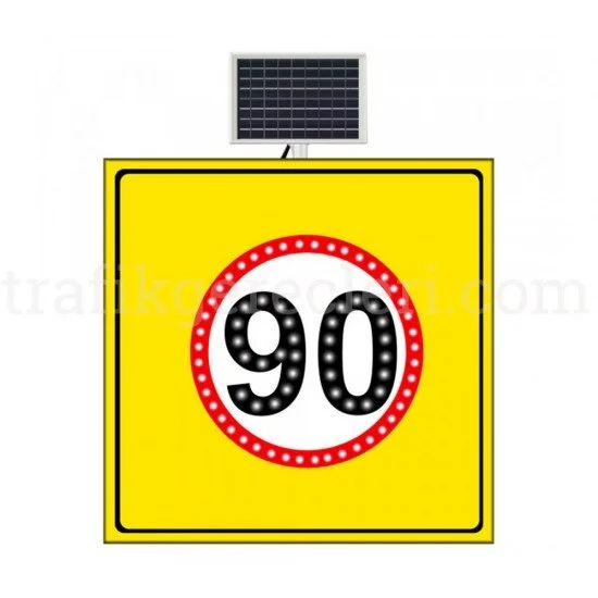 Güneş Enerjili Ledli Trafik Levhaları - Güneş Enerjili (Solar) Ledli Hız Limiti 90 km/h Sarı Zemin Levhası 100x100 cm