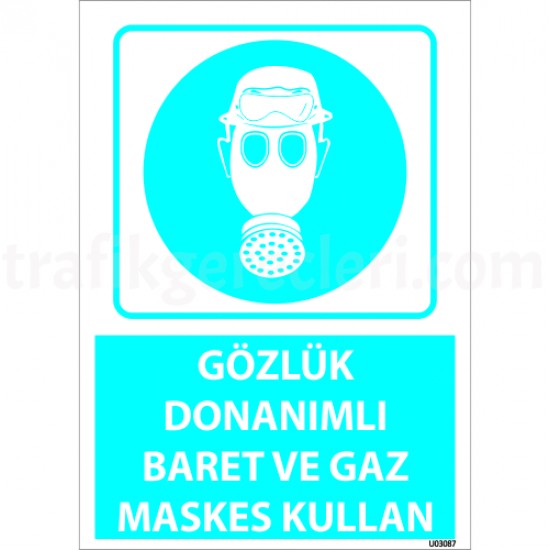 Bilgilendirici Levhalar - Gözlük Donanımlı Baret Ve Gaz Maskesi Kullan Levhası 25x35 cm