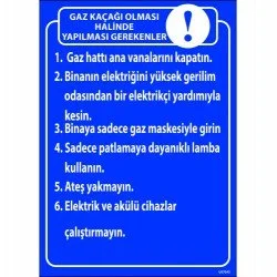 Gaz Kaçağı Olması Halinde Yapılması Gerekenler Levhası 25x35 cm